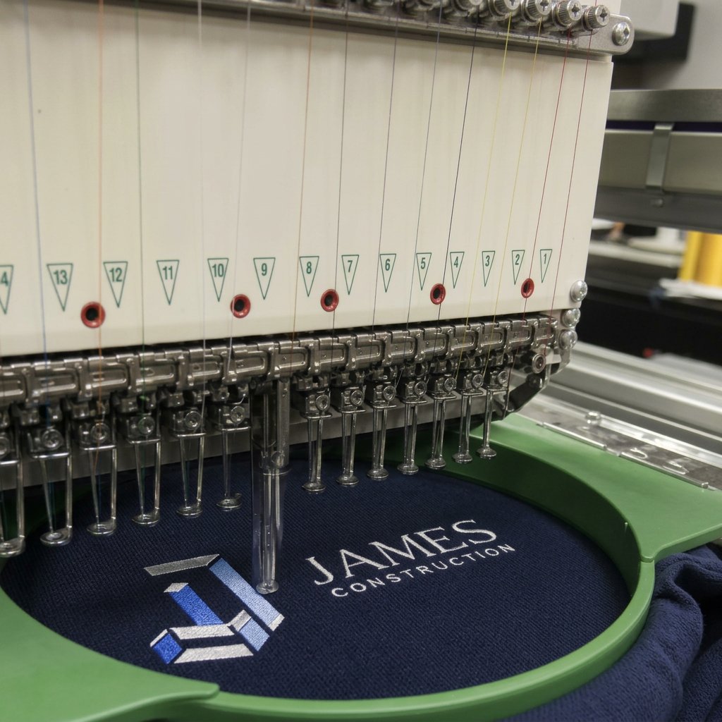 Multi-head Tajima embroidery machine stitching a James Construction logo onto a navy garment
