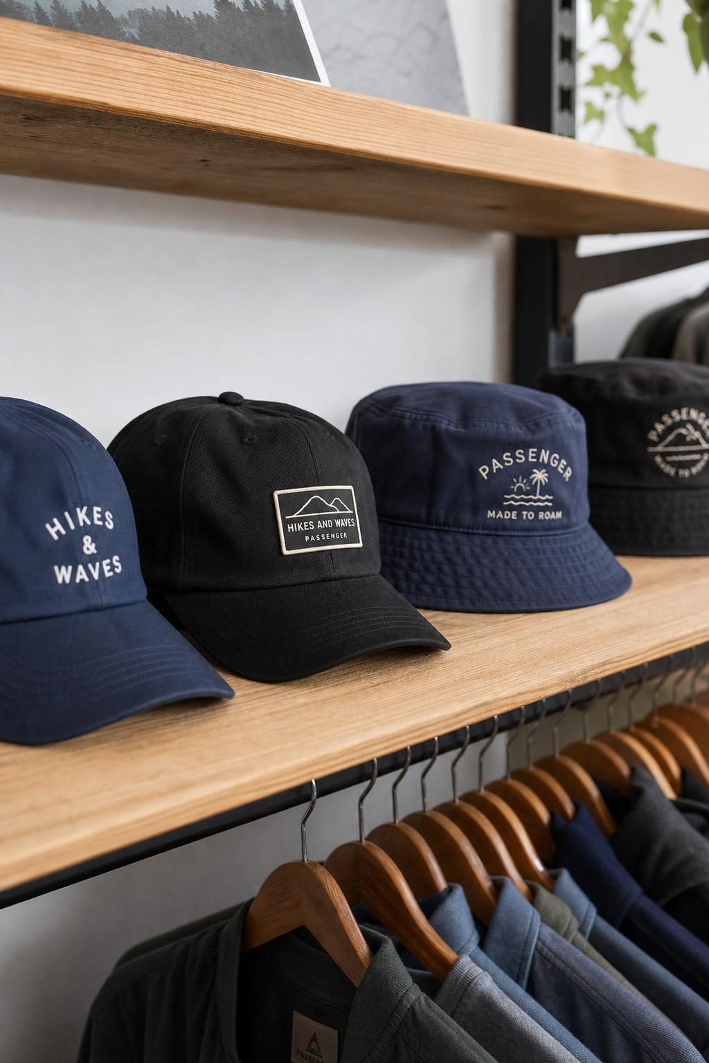Display of branded caps, beanies and bucket hats including hi-vis safety colours