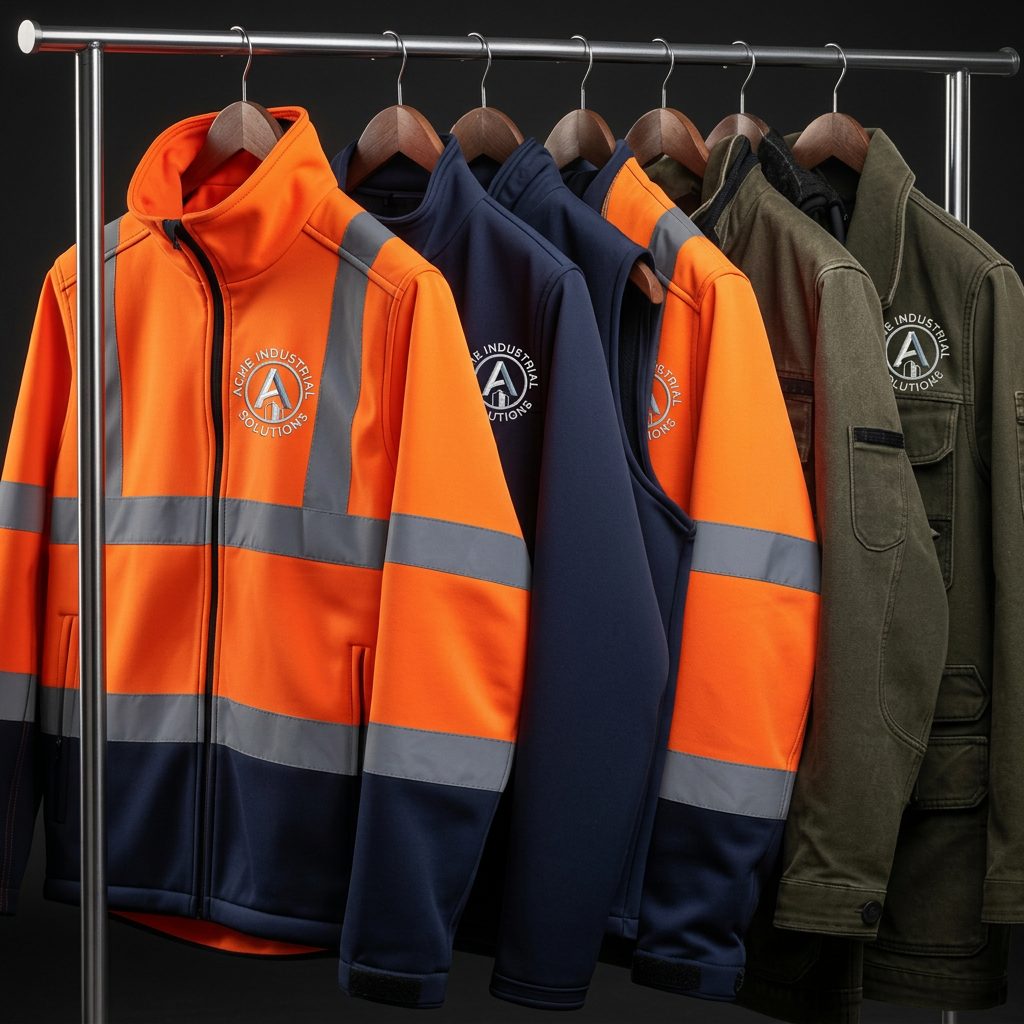 Hi-visibility orange and navy work jackets with reflective stripes on a rack